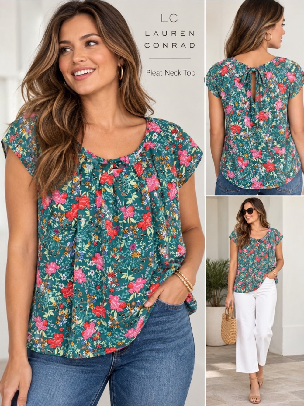 NWT LC Lauren Conrad Pleat Neck Floral Blouse XL 16/18 Teal Green Tie Back